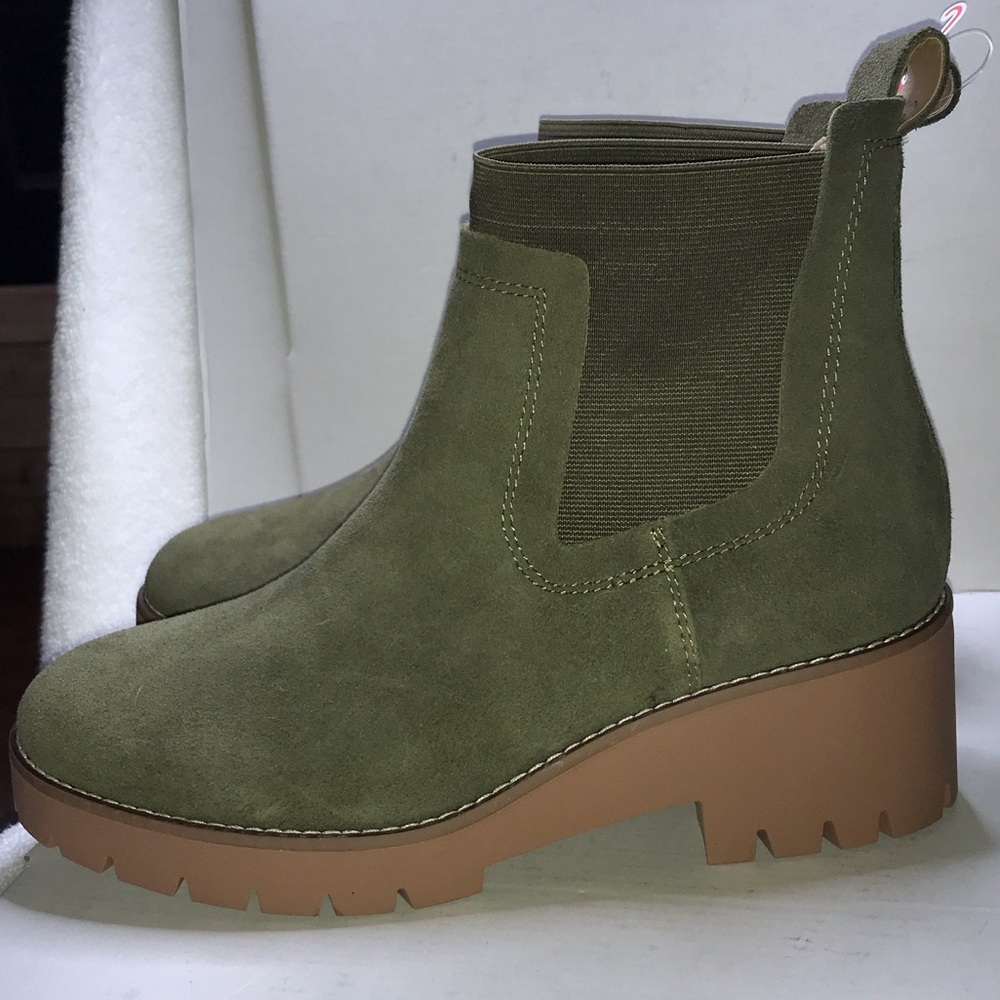 Women's Olive Suede Chelsea Booties - Picture 4 of 5
